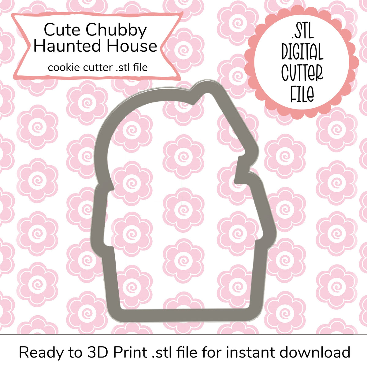 Cute chubby haunted house cookie cutter in gray metallic finish designed for 3d printing digital file