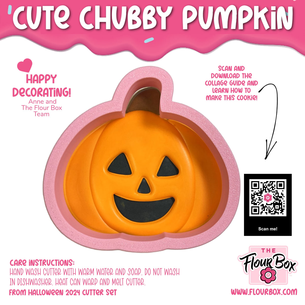 Cute chubby pumpkin cookie cutter in orange and black with a pink silicone border for halloween baking