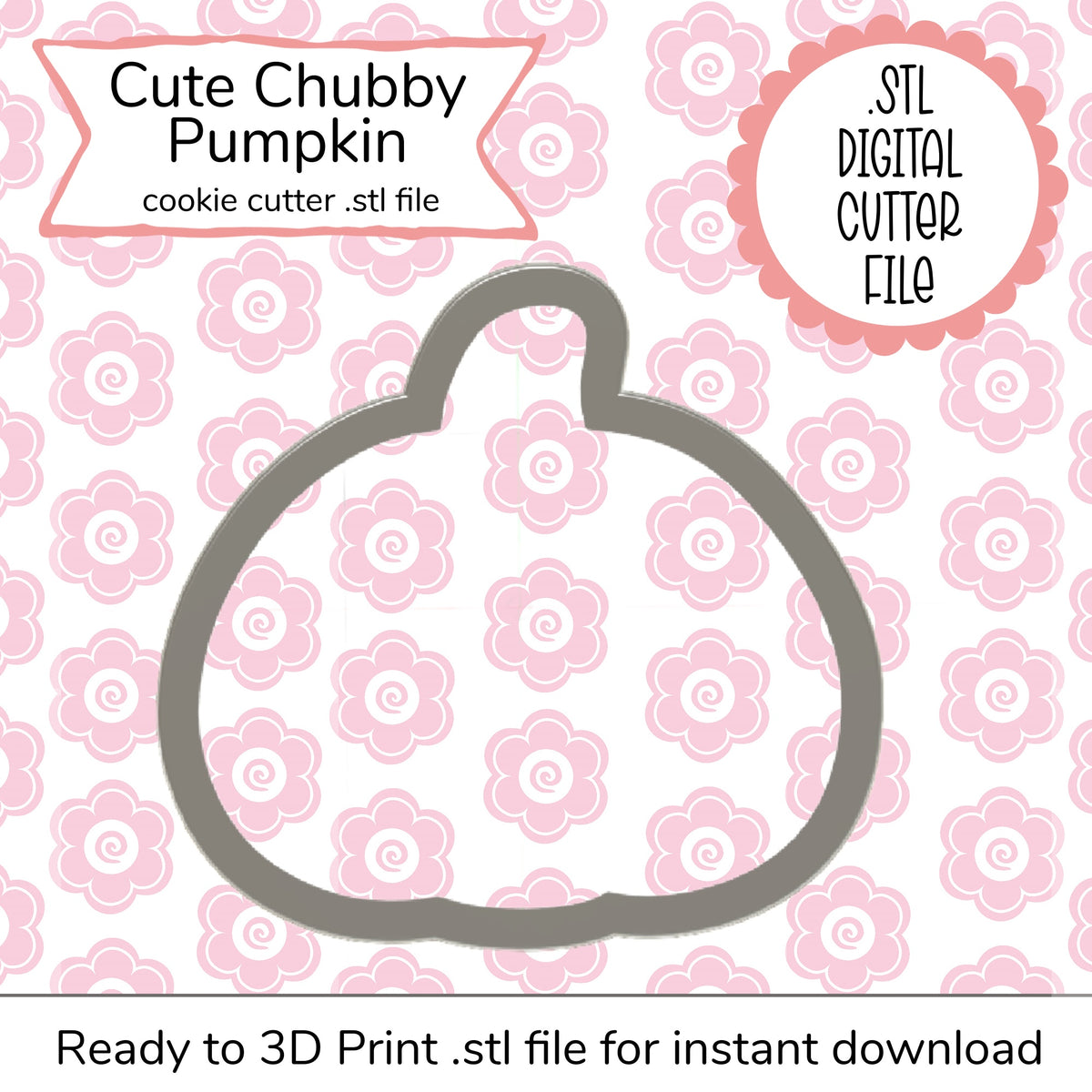 Cute chubby pumpkin cookie cutter in sleek gray metallic finish designed for 3d printing digital file