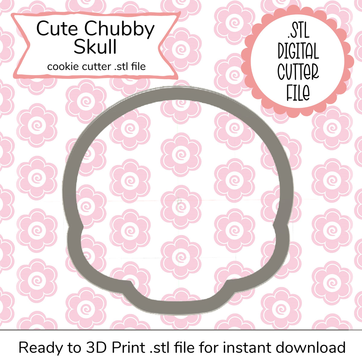 Cute chubby skull cookie cutter in matte gray finish designed for 3d printing digital file product