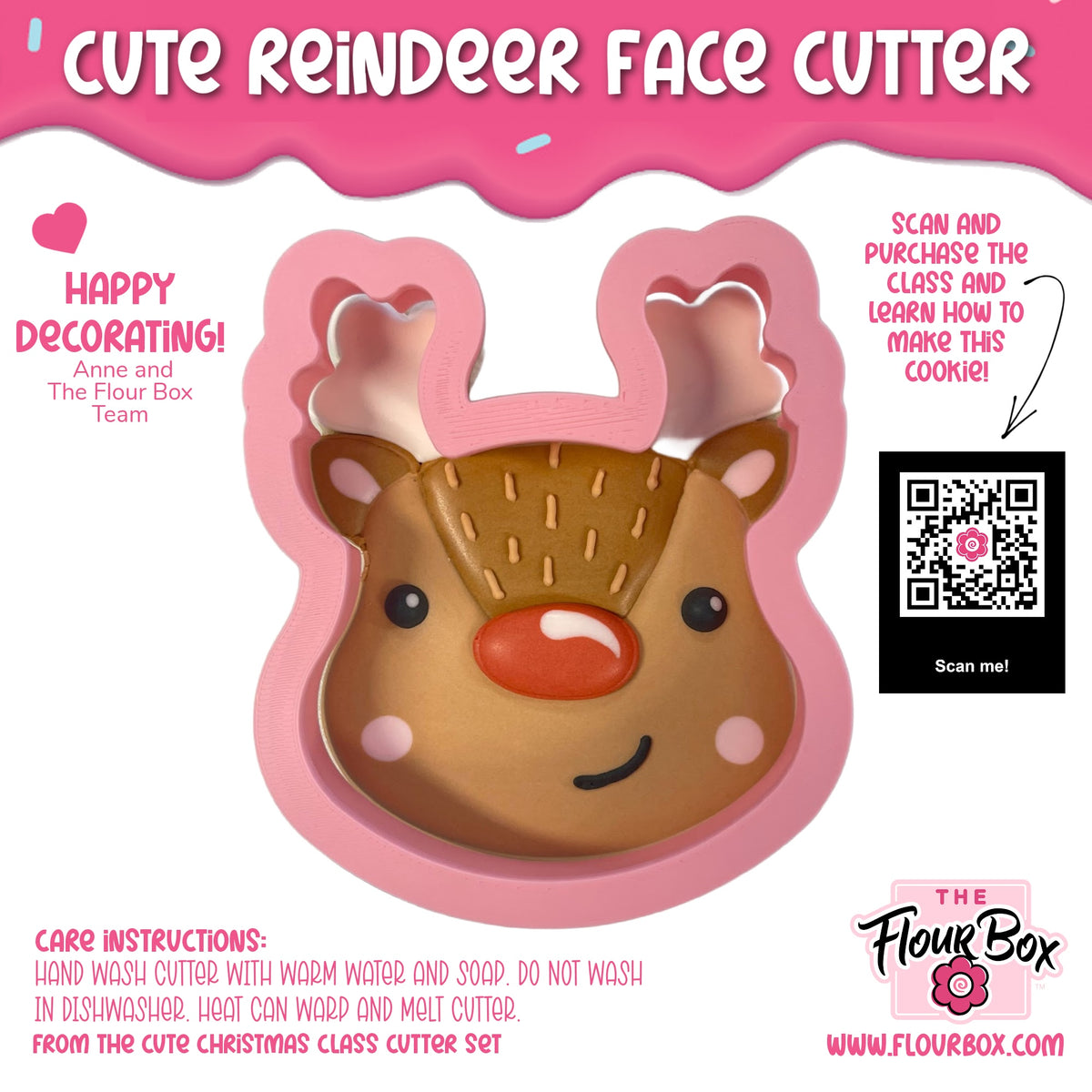 Cute reindeer face cookie cutter in pink silicone with brown and orange details for festive baking