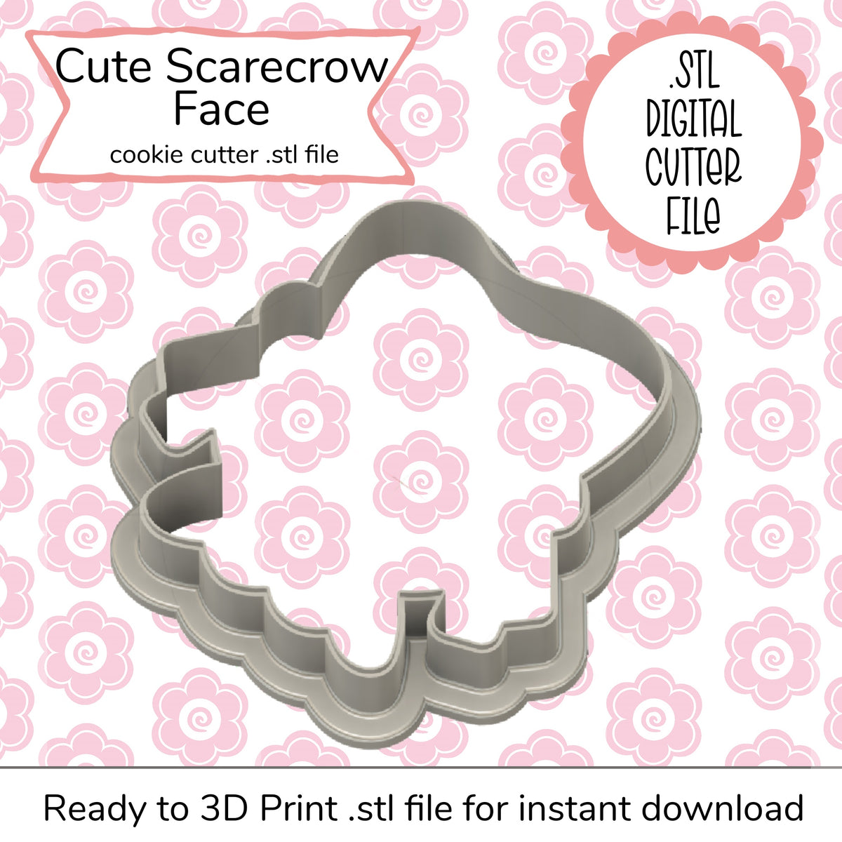 Gray metallic cookie cutter shaped like a cute scarecrow face for halloween baking digital stl file