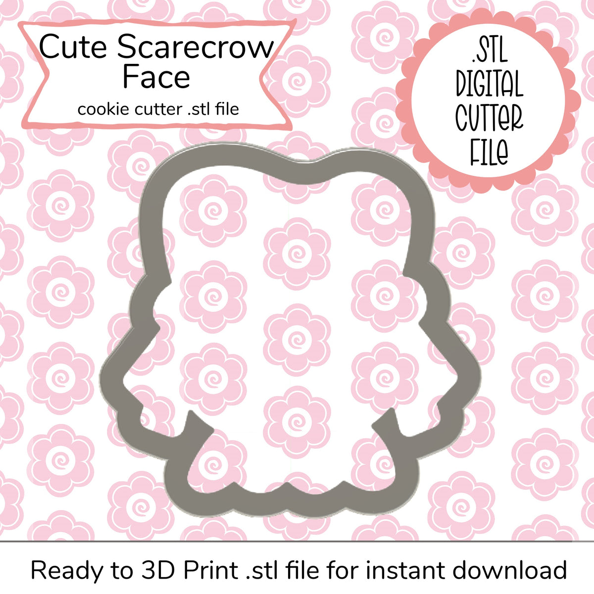 Cute gray scarecrow face cookie cutter made of plastic designed for 3d printing from digital stl file