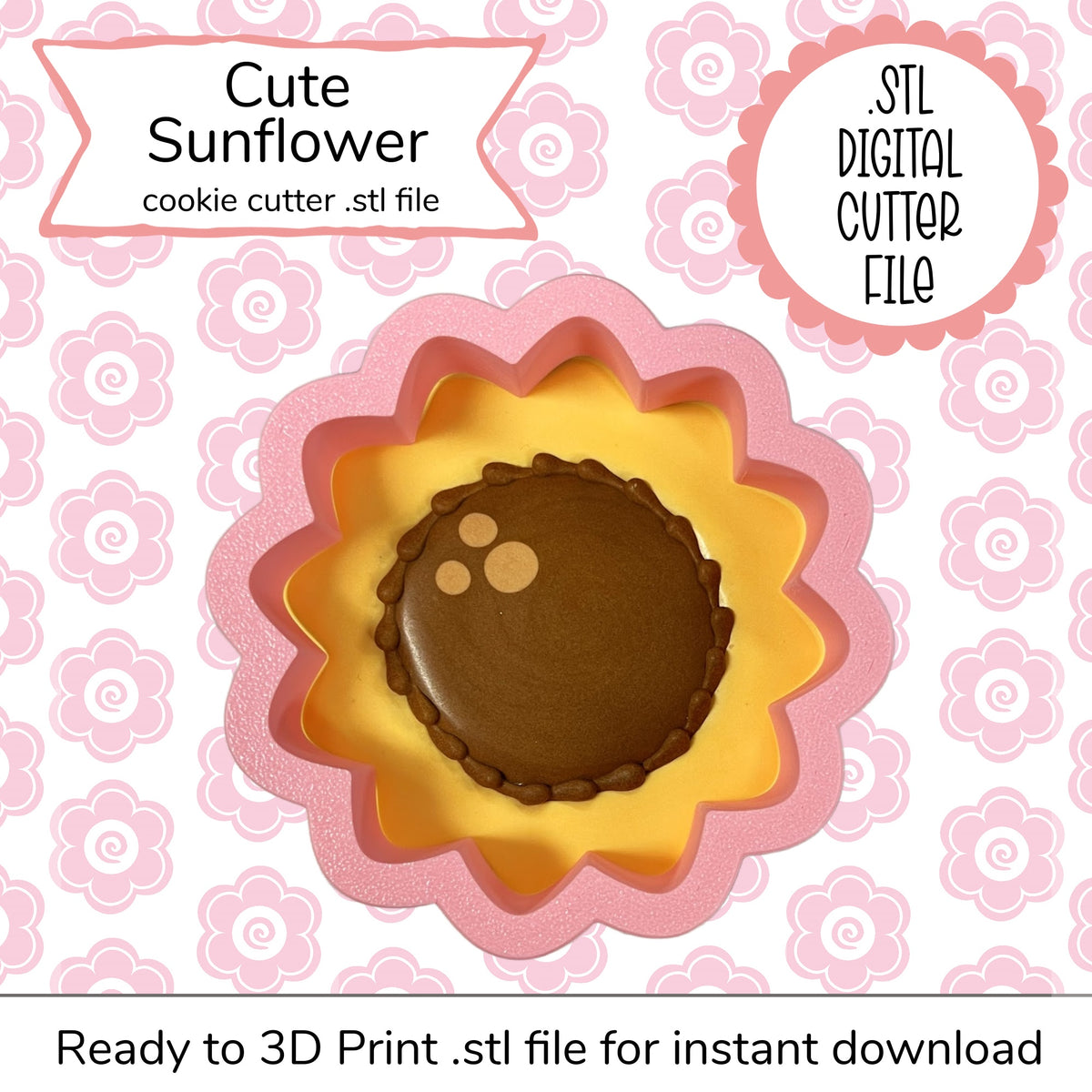 Pink and yellow sunflower-shaped cookie cutter with brown center detail for cute sunflower cutter STL file digital download