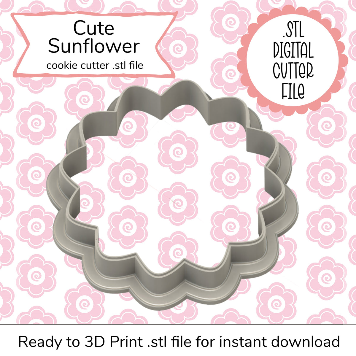 Gray plastic sunflower cookie cutter with scalloped edges for cute sunflower cutter STL file digital file