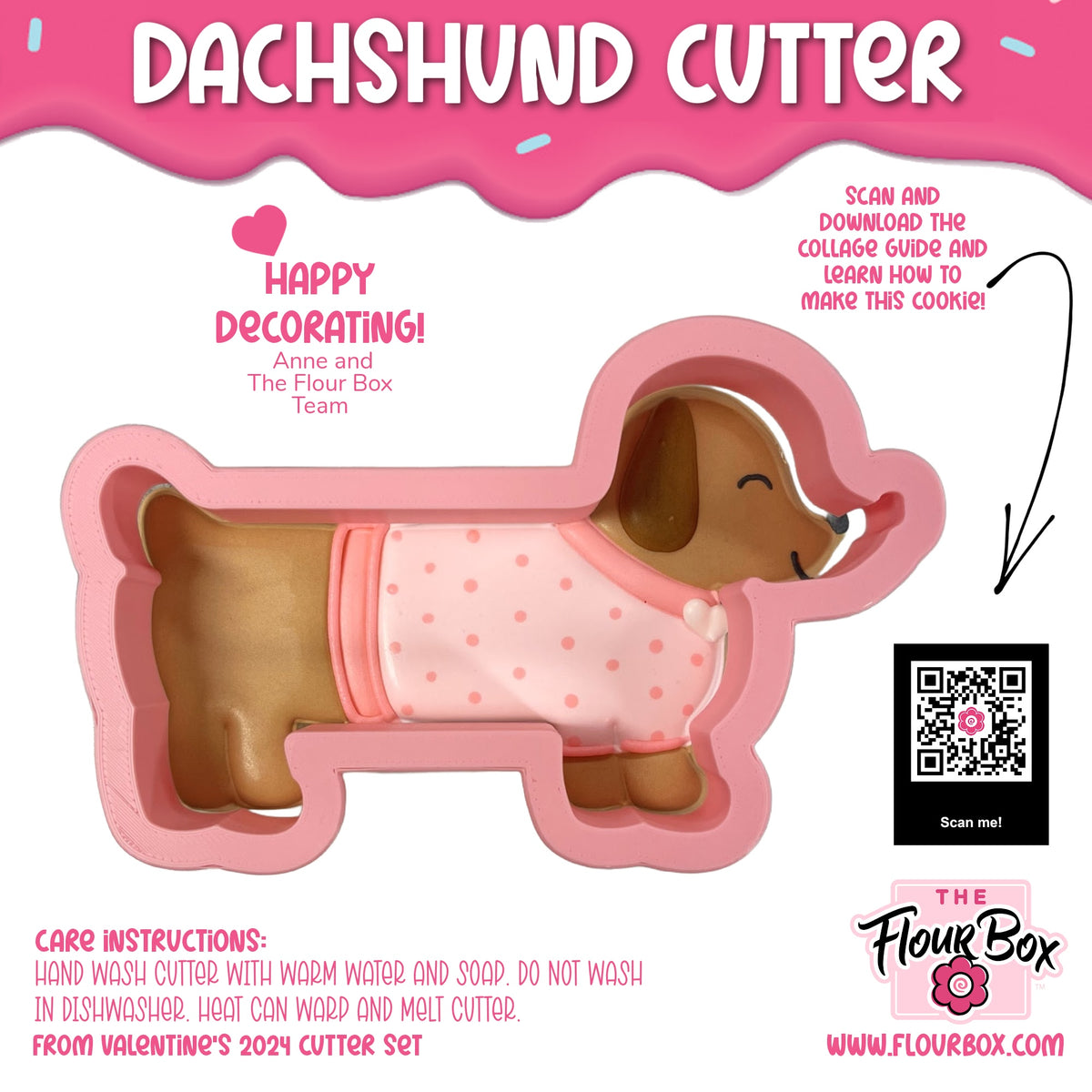 Pink silicone dachshund-shaped cookie cutter with a brown dog figure wearing a pink polka-dot outfit