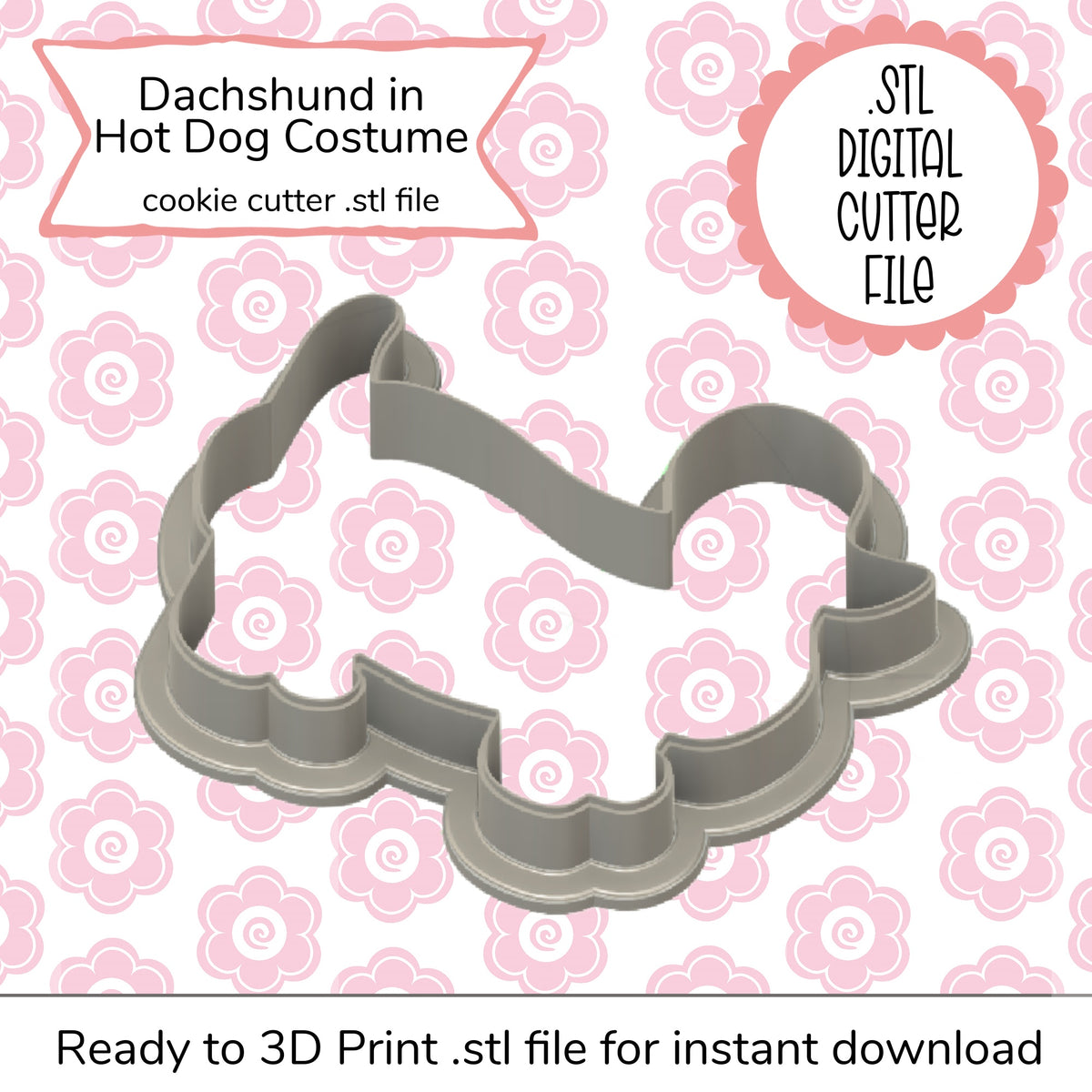 Gray plastic cookie cutter shaped like a dachshund in a hot dog costume for digital 3d printing use