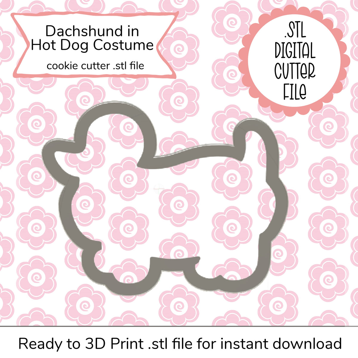 Gray outline cookie cutter shaped like a dachshund in a hot dog costume for stl digital cutting file design
