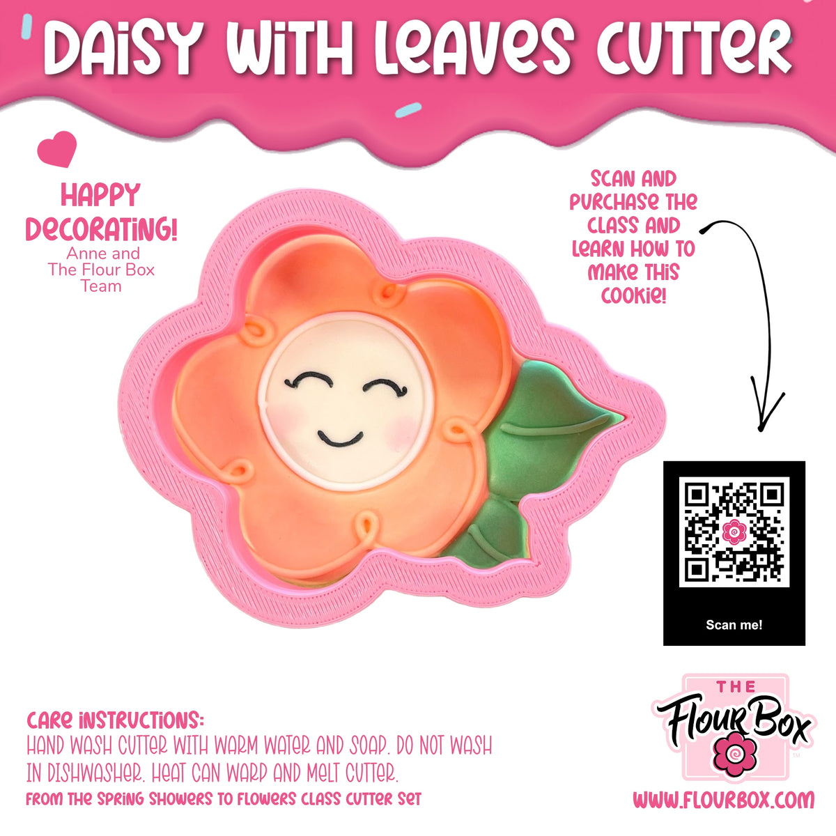 Pink silicone daisy with leaves cookie cutter shaped like a smiling flower with orange petals and green leaves