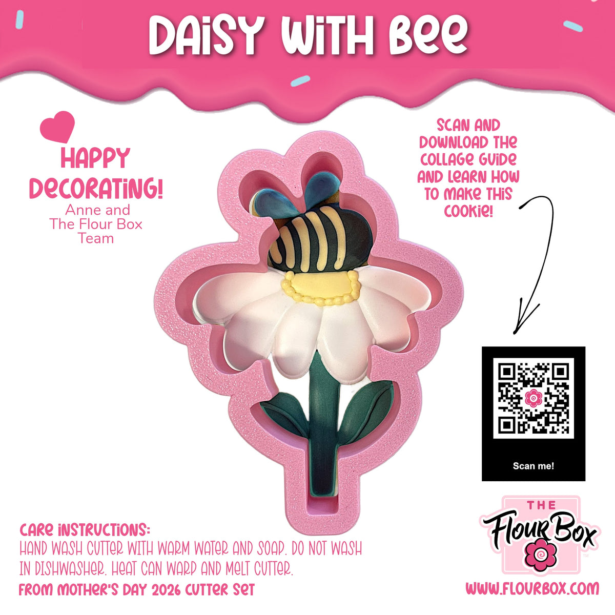 Pink silicone daisy with bee cookie cutter for baking and crafting projects