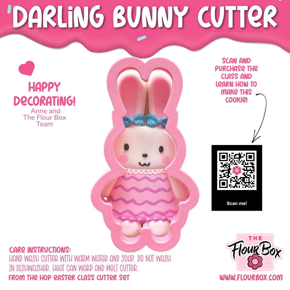 Darling bunny cookie cutter with pink bunny shape, blue floral headband, and wavy pink dress for baking use