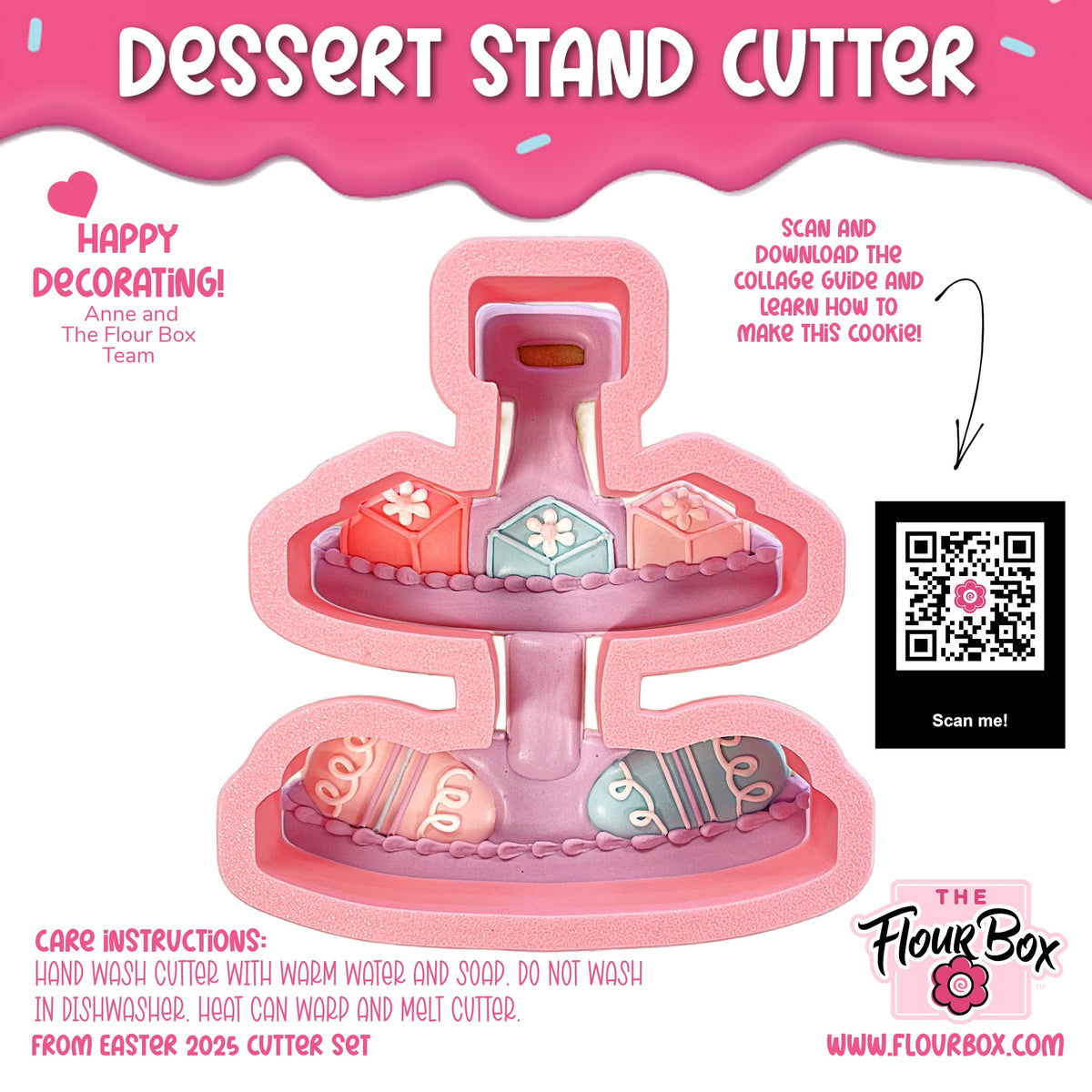 Pink two-tiered dessert stand cookie cutter with decorative edges and molded cookie shapes for baking use