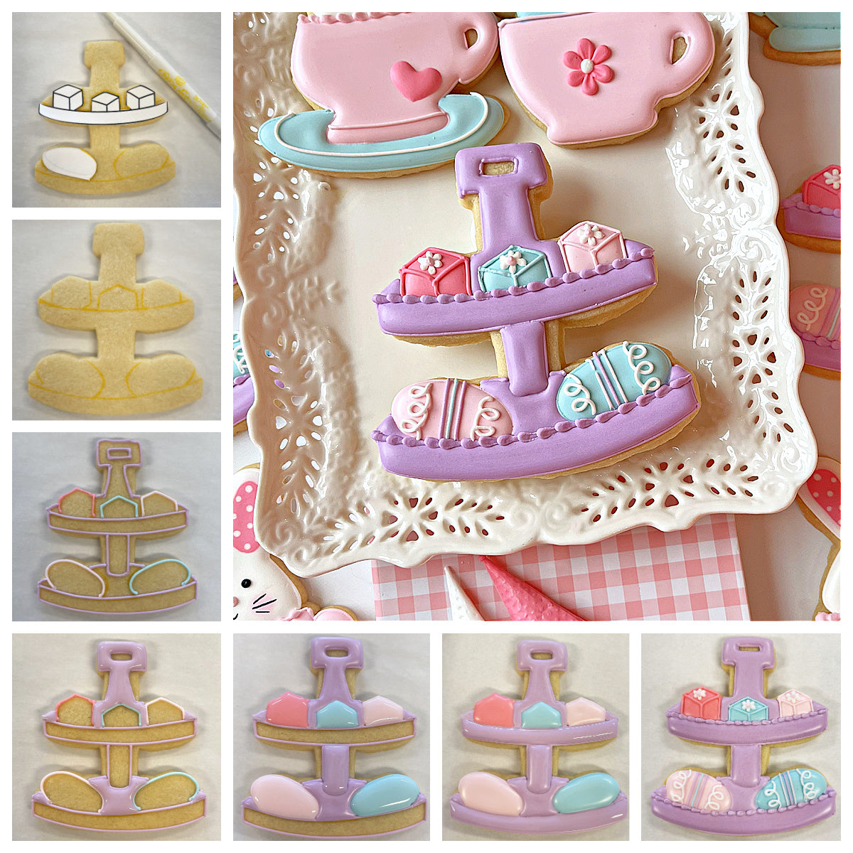 A pastel purple two-tiered cookie stand with pink and blue bunny tea party sugar cookies using 4 cutter bundle