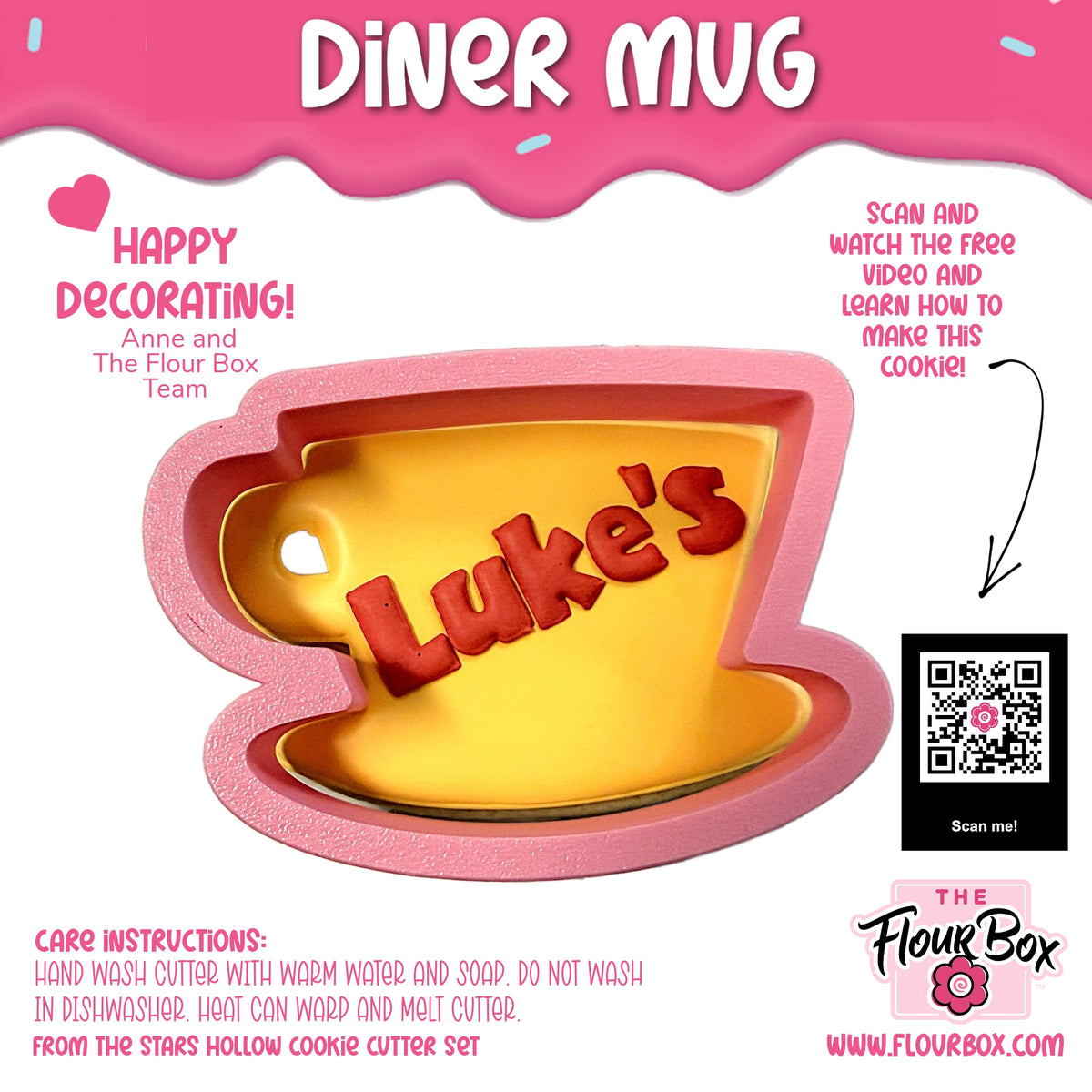 Pink silicone diner mug cookie cutter with yellow interior and red lukes lettering for baking use