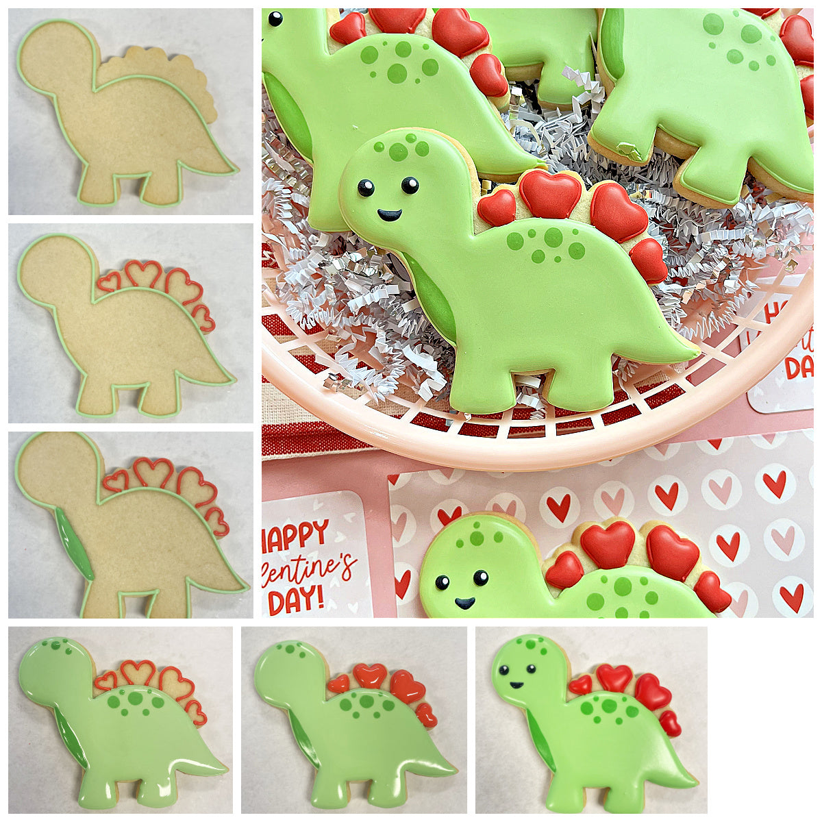 Green dinosaur-shaped cookies with red heart spikes and black dot eyes decorated with smooth icing made using dinosaur with hearts cookie cutter