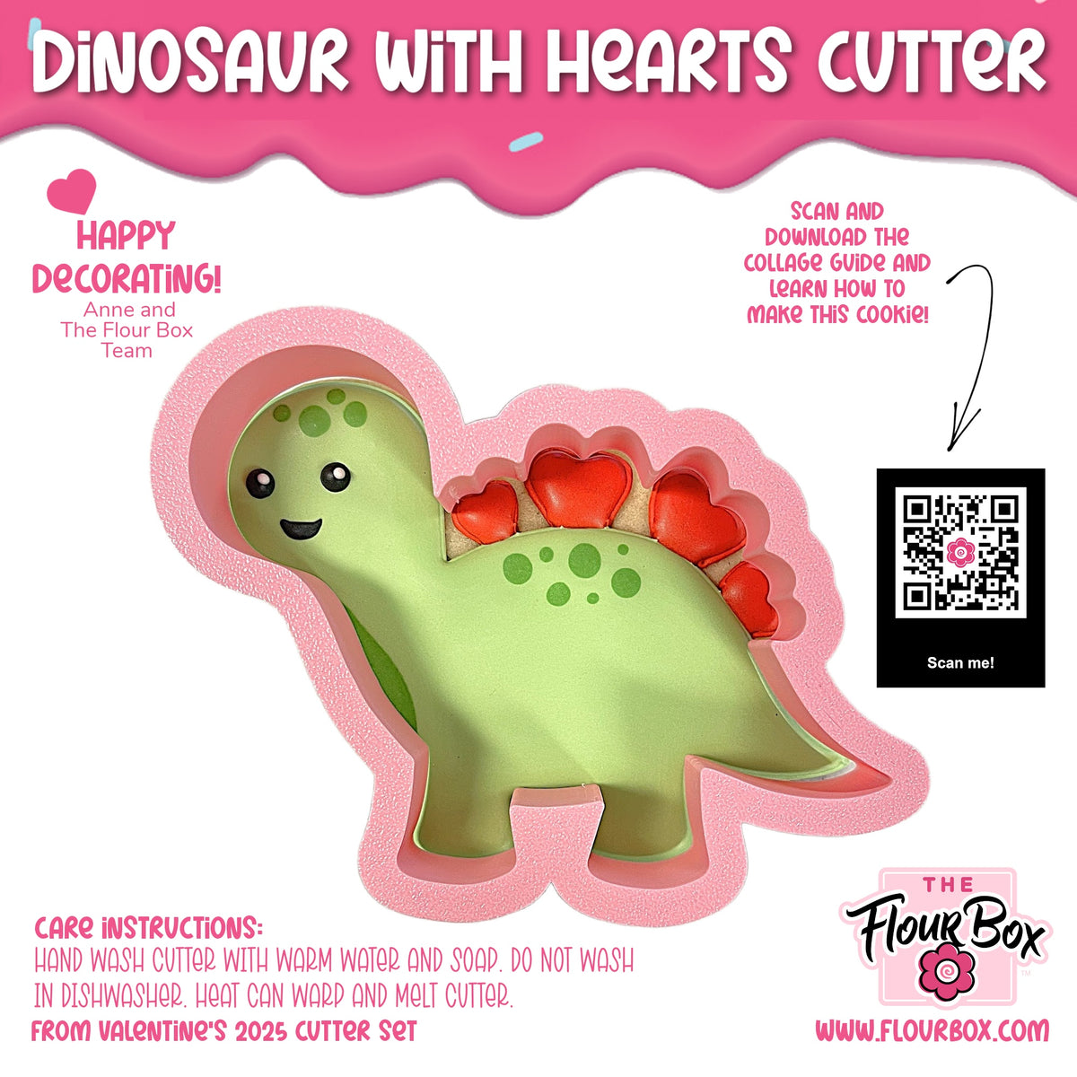 Green dinosaur-shaped cookie cutter with red heart spikes and pink border for baking and decorating cookies