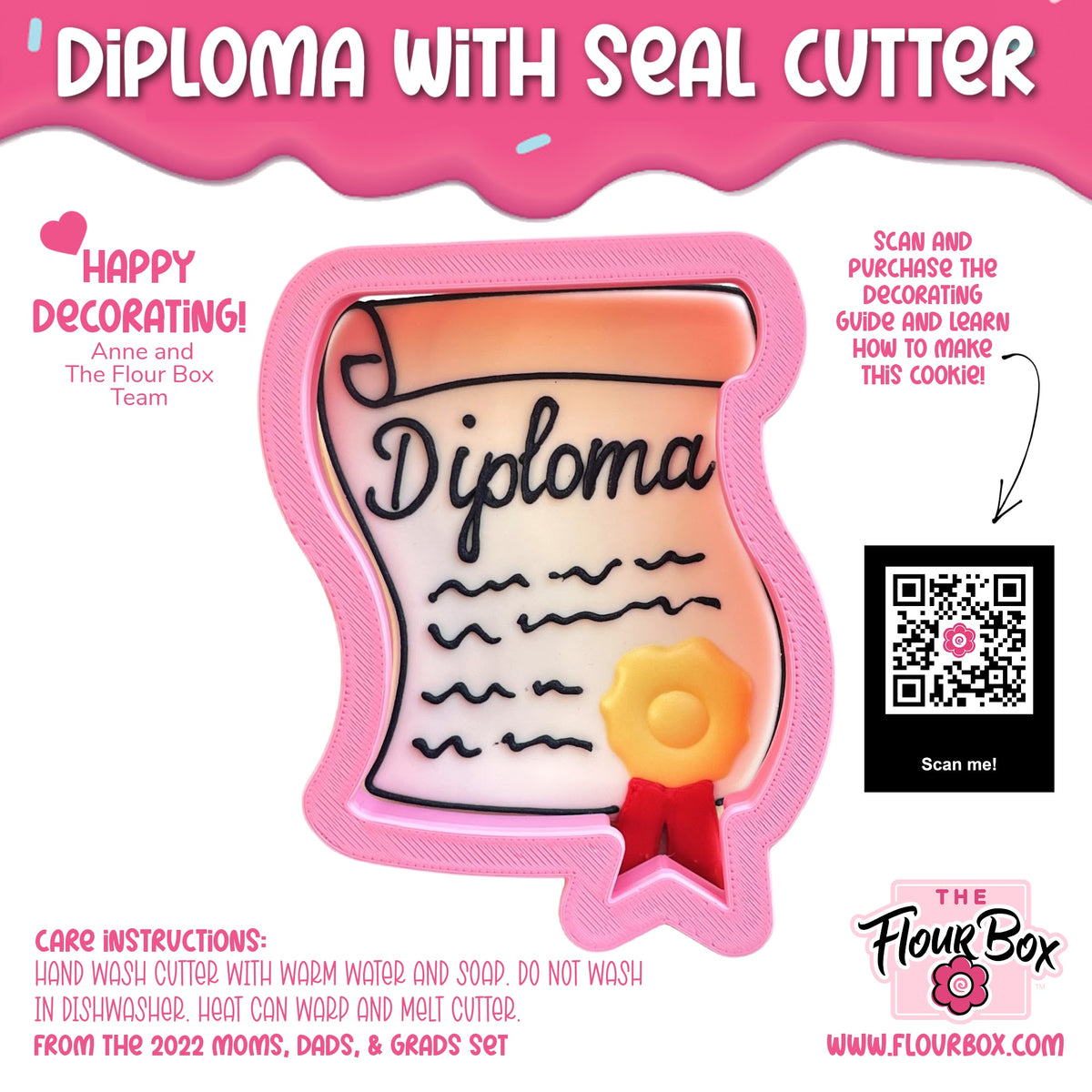 Pink plastic diploma with seal cookie cutter featuring black lettering and yellow wax seal with red ribbon for baking