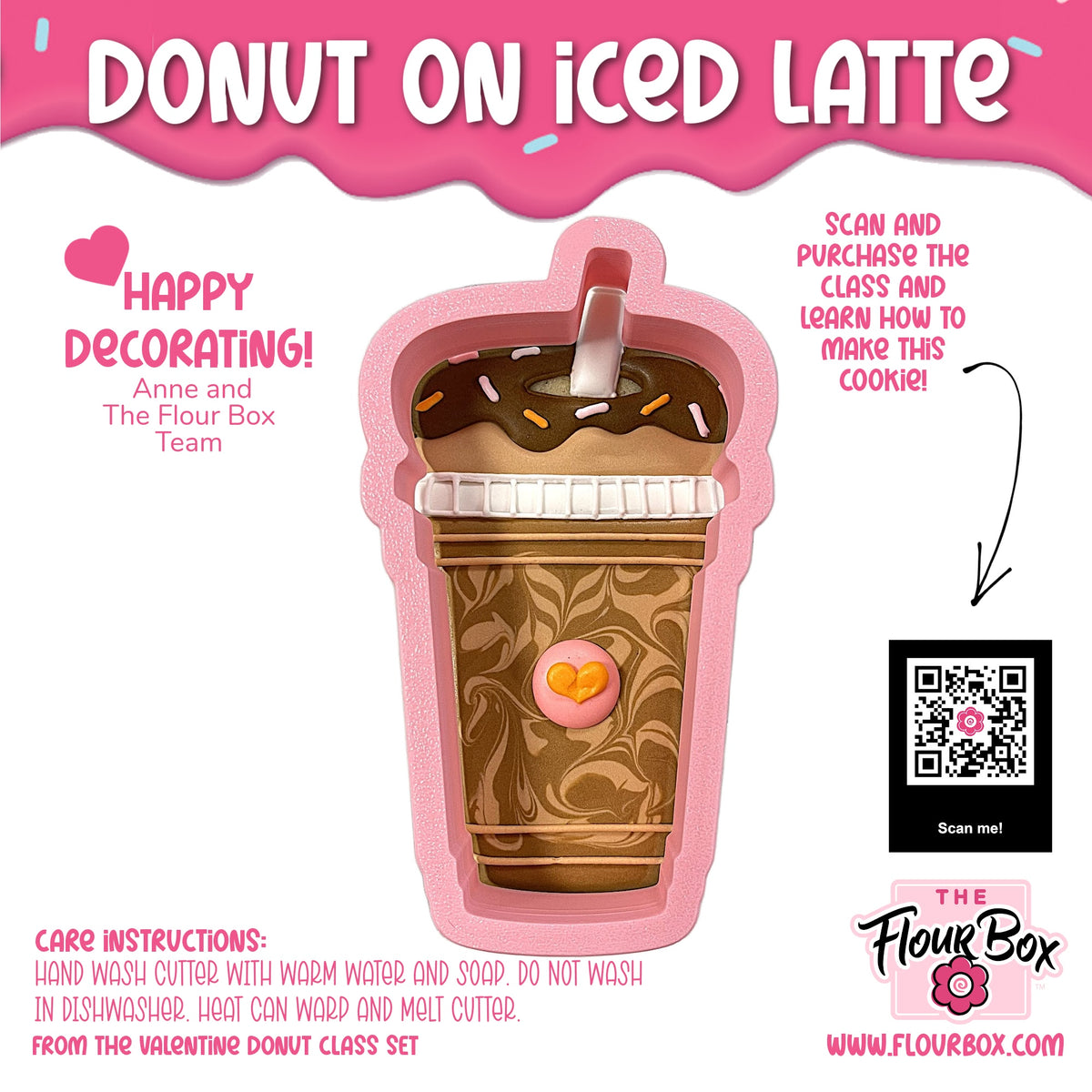 Pink silicone donut shaped cookie cutter on an iced latte with chocolate drizzle and white sprinkles