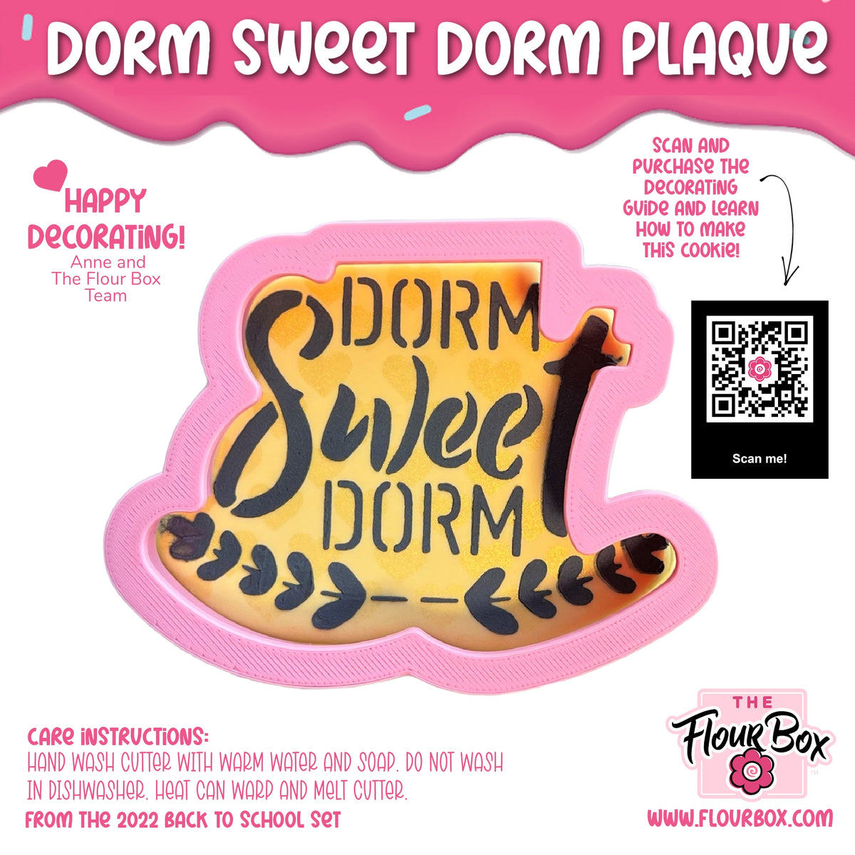 Pink cookie-shaped cutter with dorm sweet dorm stencil on yellow background resembling decorative icing cookie