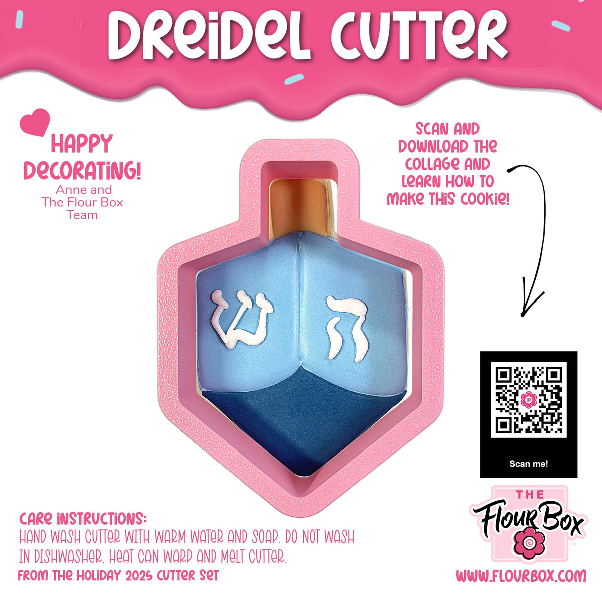 Pink silicone dreidel cookie cutter with blue sections and white Hebrew letters for festive baking use