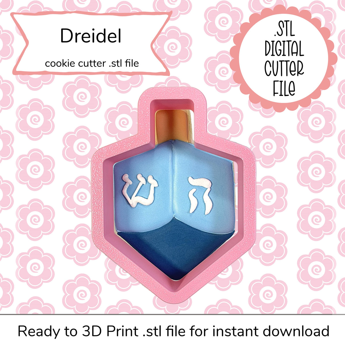 Pink hexagonal dreidel shaped cookie cutter with blue sections and white hebrew letters digital dreidel cutter STL file