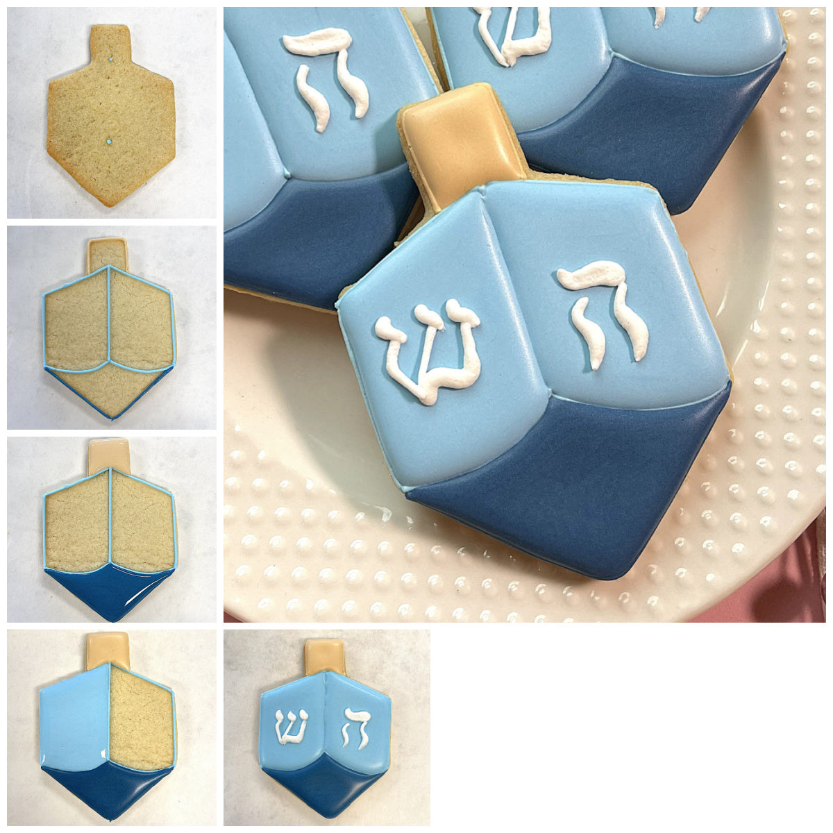 Blue and gold frosted dreidel-shaped cookies with white hebrew lettering made using dreidel cookie cutter