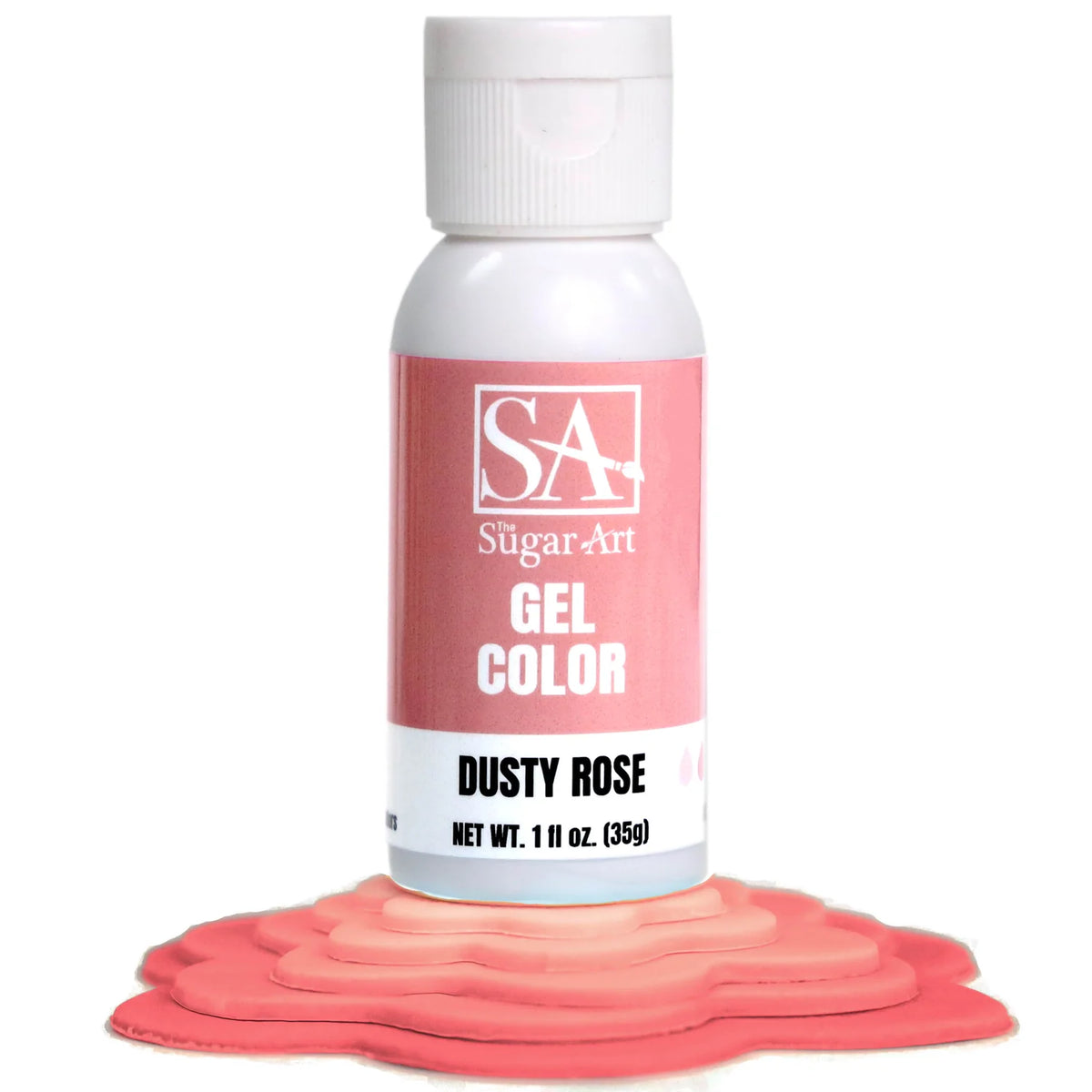 A bottle of dusty rose gel color from the sugar art with a white body cap and pink label for baking decoration