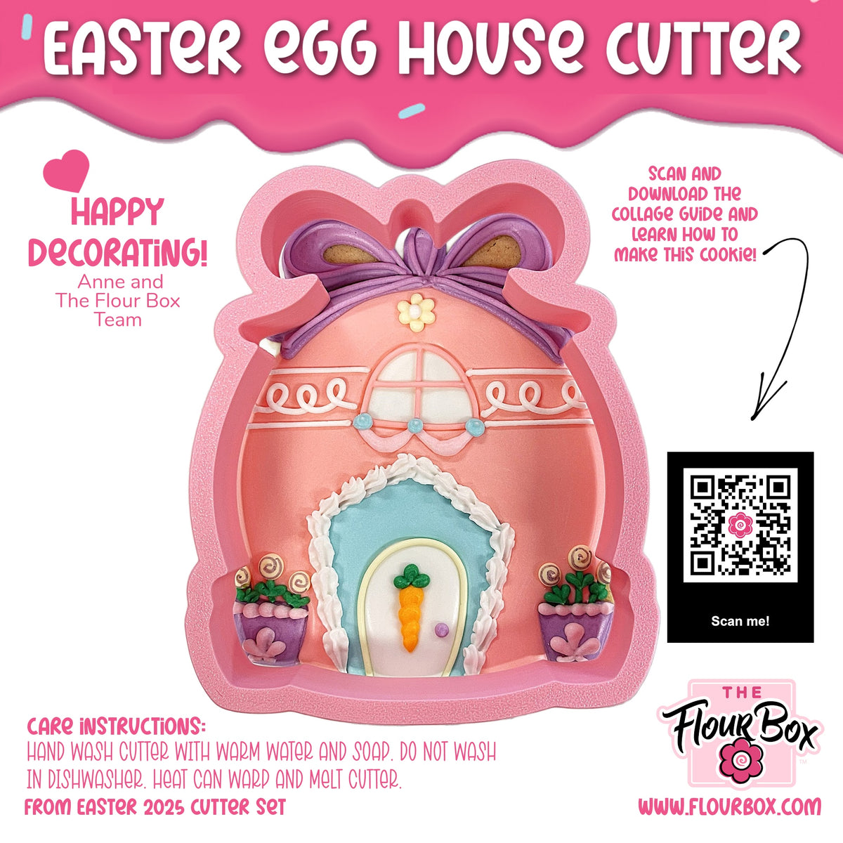 Pink easter egg house cookie cutter with purple bow blue door orange carrot and white icing details