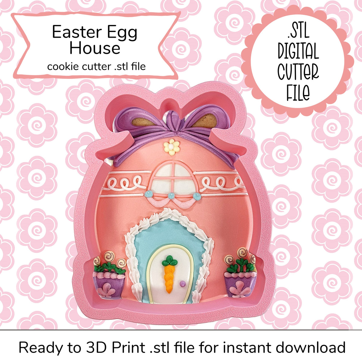 Easter egg house cutter STL file featuring a pink egg-shaped cookie cutter with purple bow and white icing details