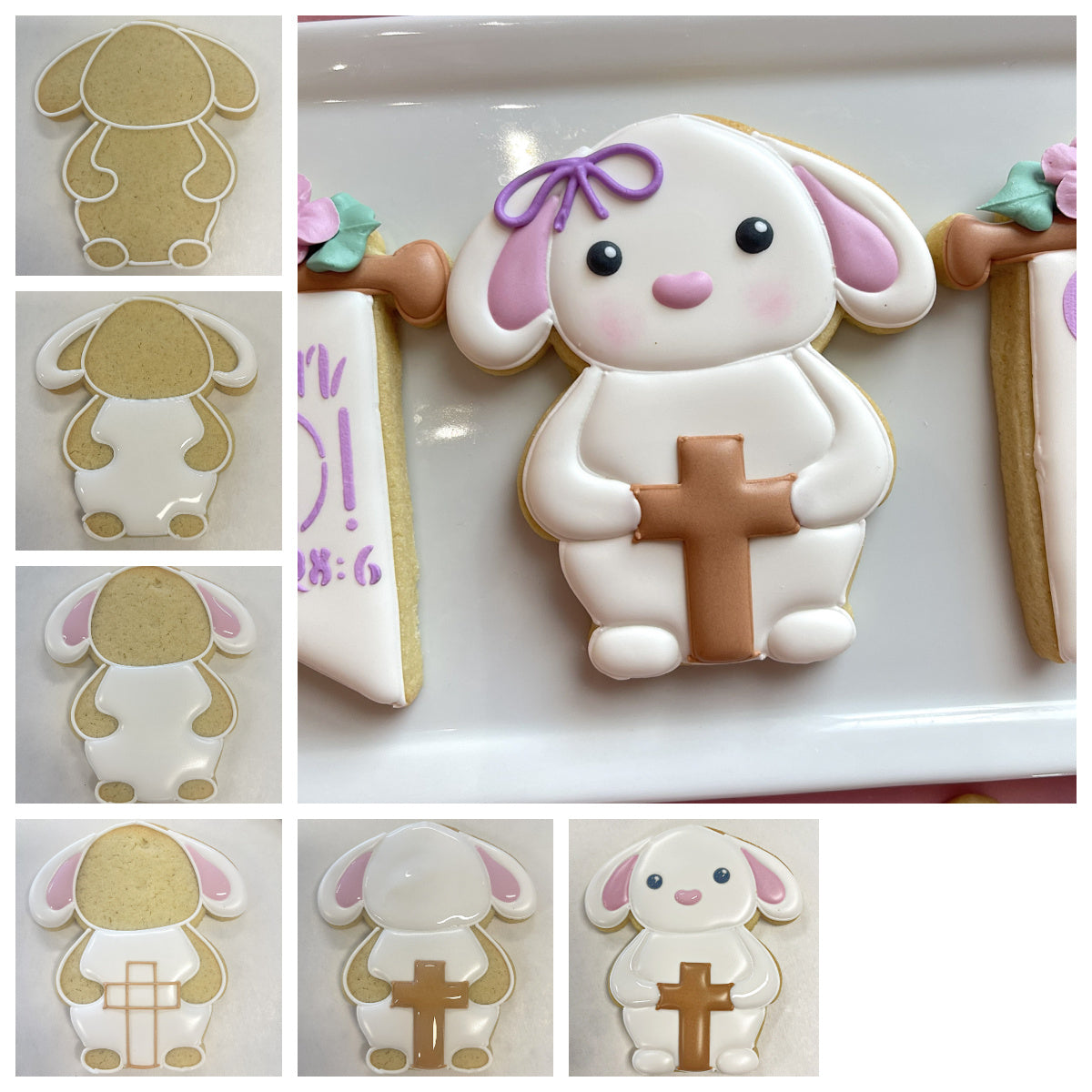 A white sugar cookie shaped like a bunny with pink ears black eyes purple bow holding a brown cross from bunny and floral banner cutter bundle