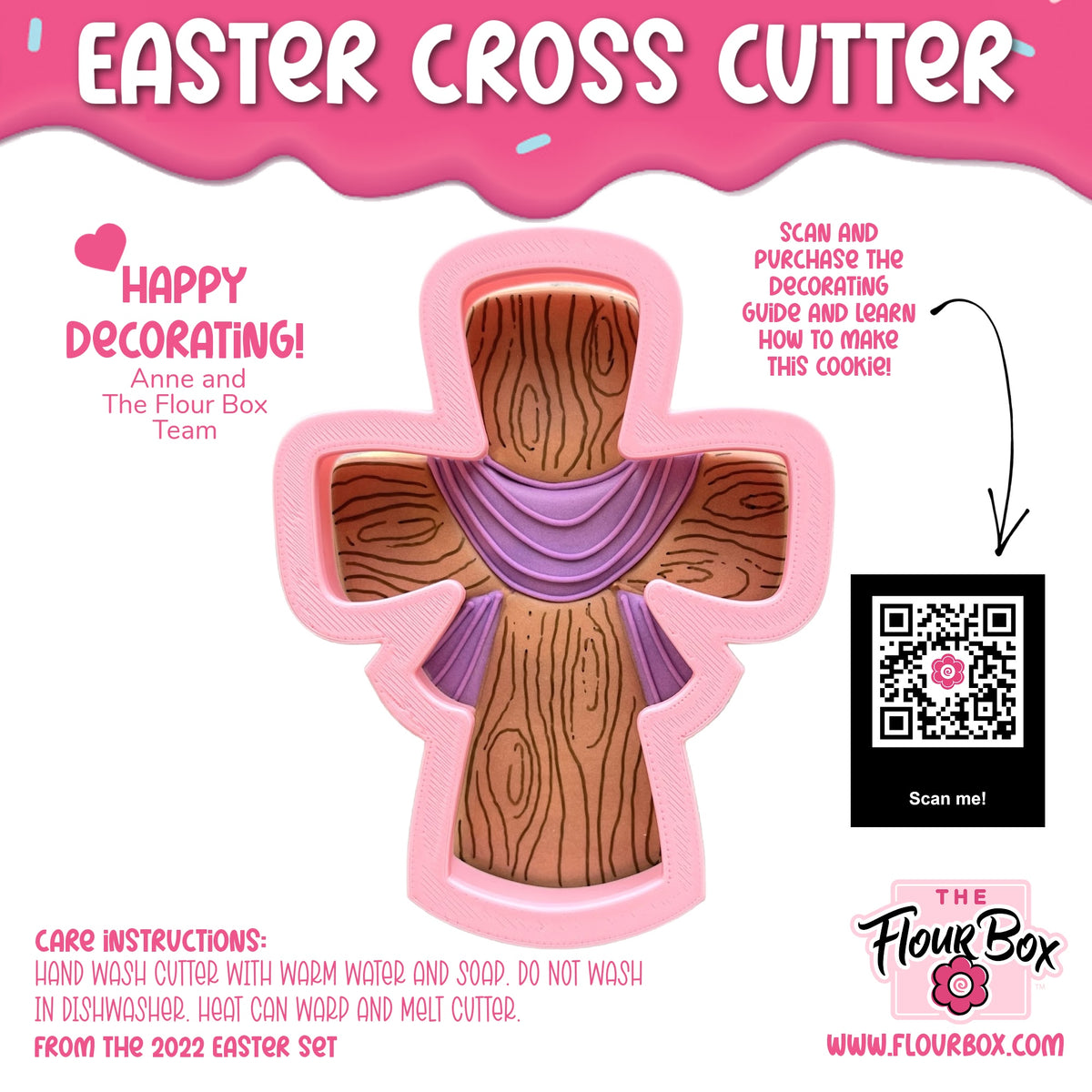 Pink plastic easter cross cookie cutter with wood-grain texture and purple fabric-like detail for baking