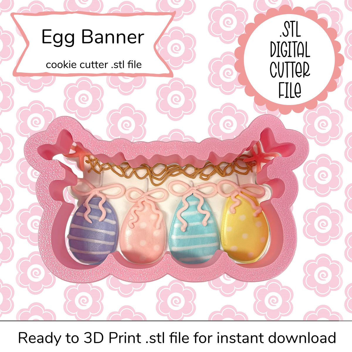Pink glittery egg banner cookie cutter with four colorful decorated easter eggs hanging by bows and gold ribbon digital file