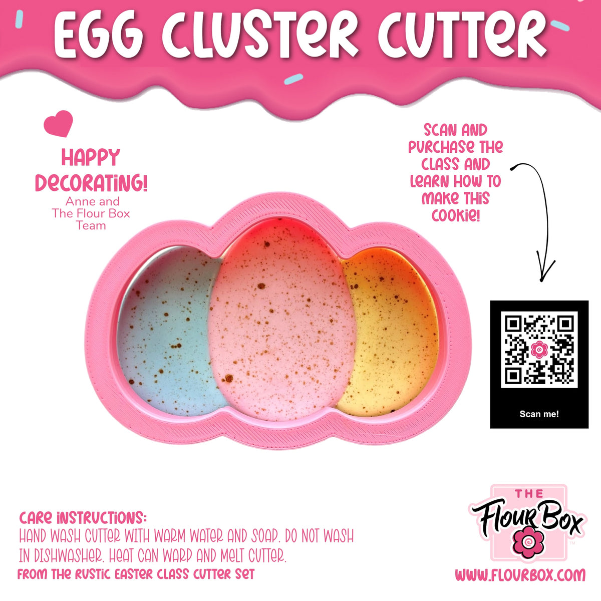 Egg cluster cookie cutter with pink cloud shape and three colorful blue pink and yellow speckled compartments