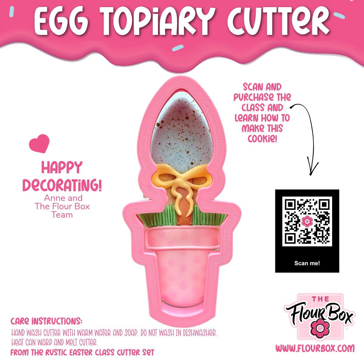 Pink egg topiary cookie cutter with speckled gray interior and yellow ribbon detail for decorative baking