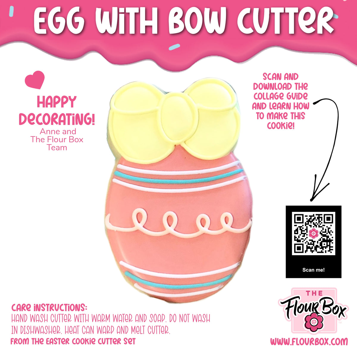 Pastel pink egg with bow cookie cutter featuring a yellow bow and blue and white decorative icing stripes