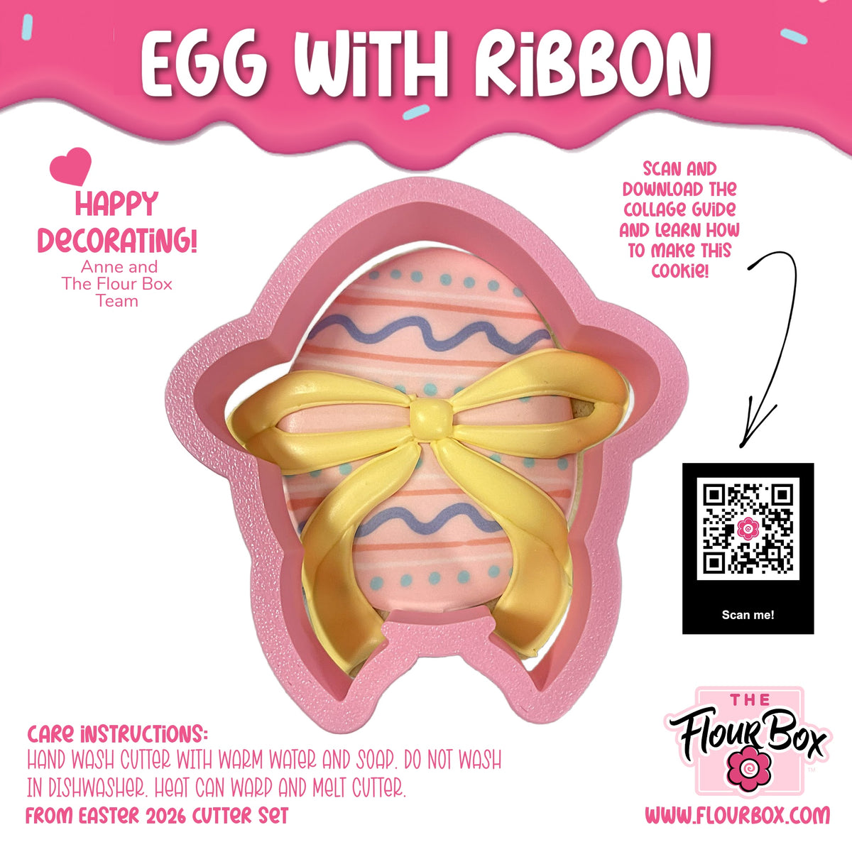 Pink egg-shaped cookie cutter with yellow ribbon bow design and striped pattern for festive baking use