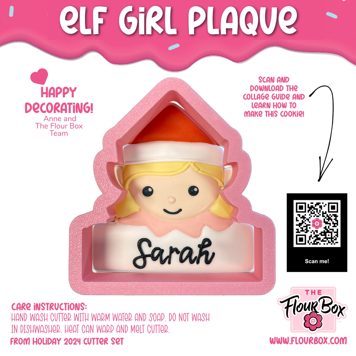 Pink elf girl plaque cookie cutter featuring blonde hair red and white hat with sarah in black script on cake base