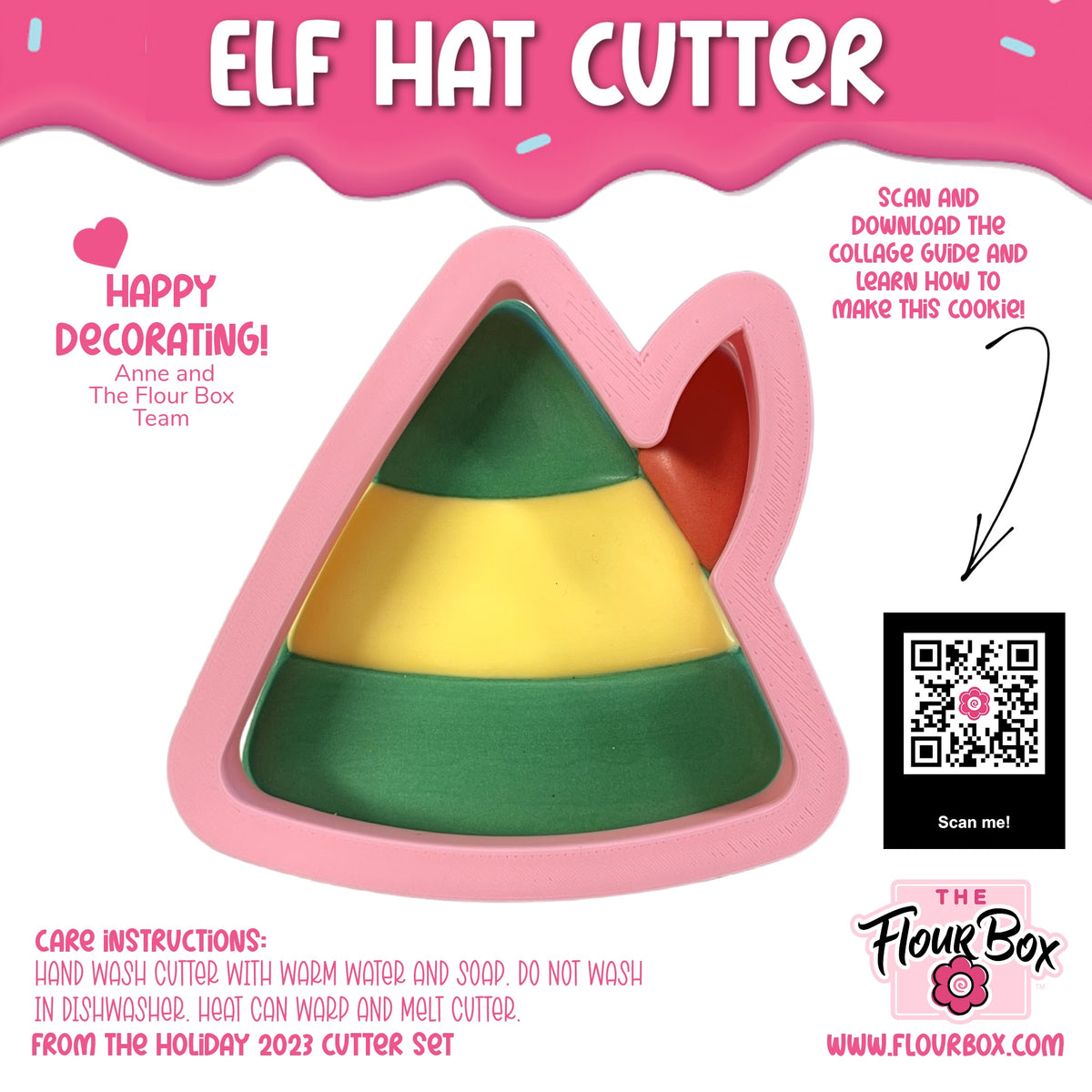 Pink silicone elf hat cookie cutter with green and yellow striped interior for festive baking and shaping cookies