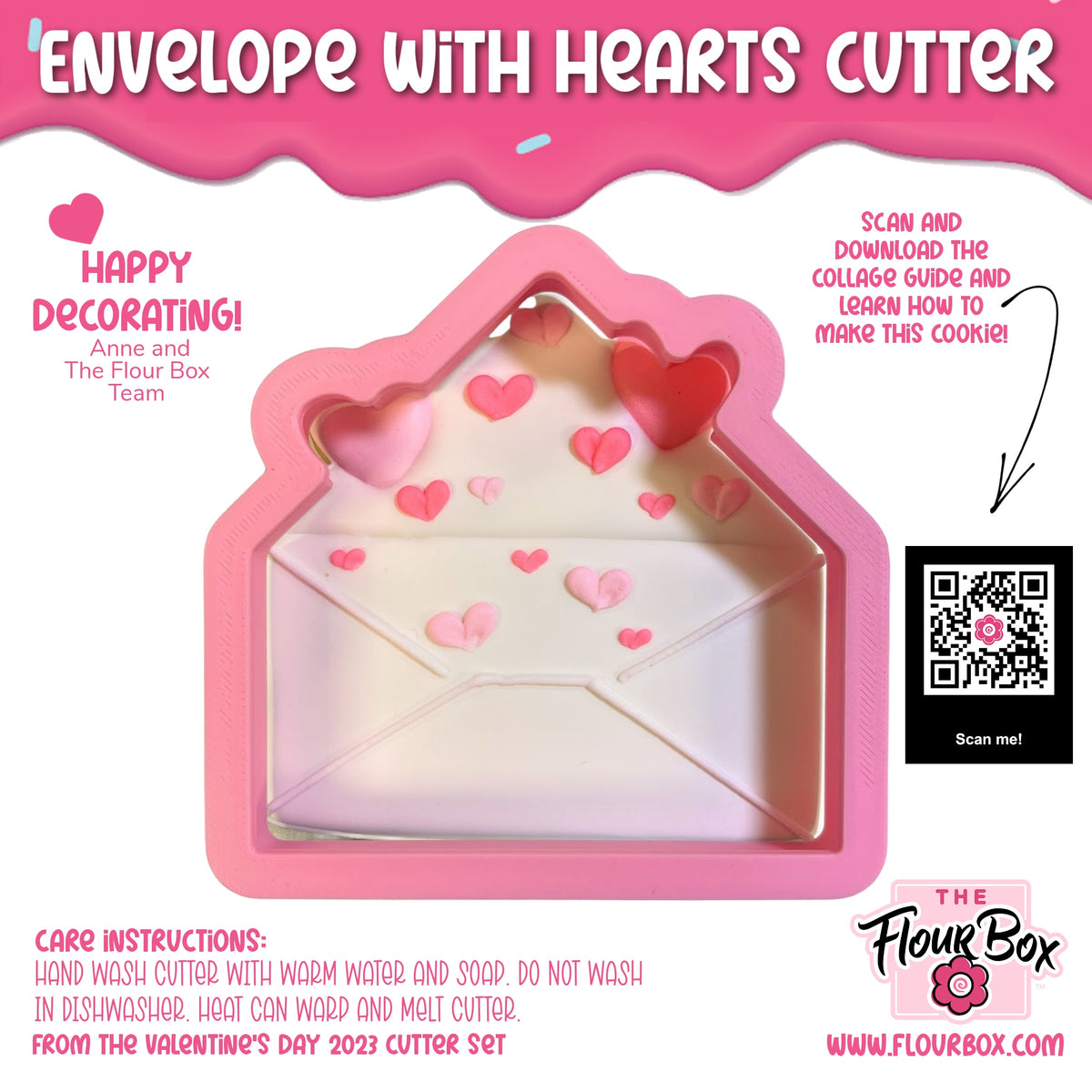 Pink silicone envelope shaped cookie cutter with heart cutouts for baking and decorating cookies