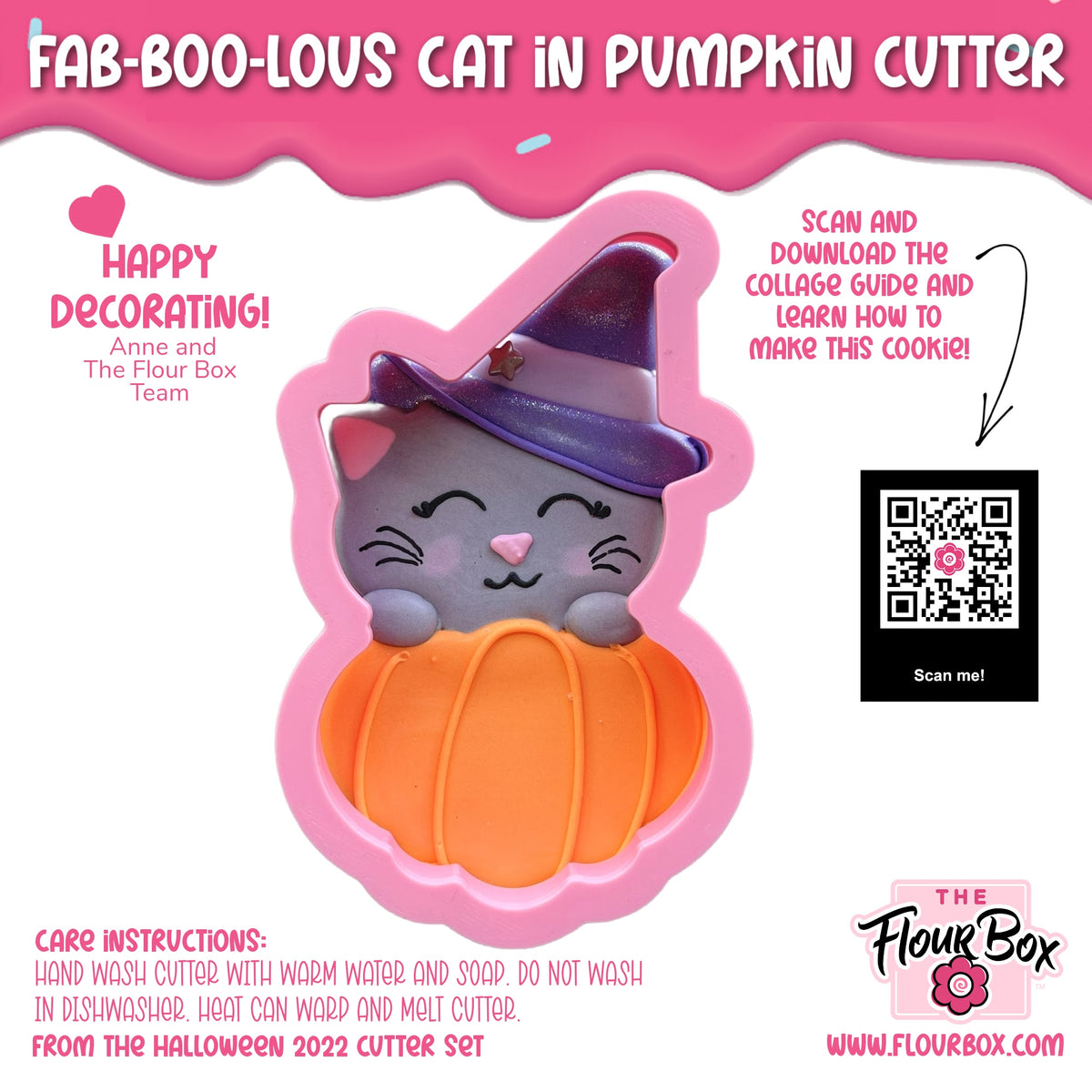 Pink silicone cat shaped baking cutter with purple witch hat sitting on orange pumpkin for fab-boo-lous cookies