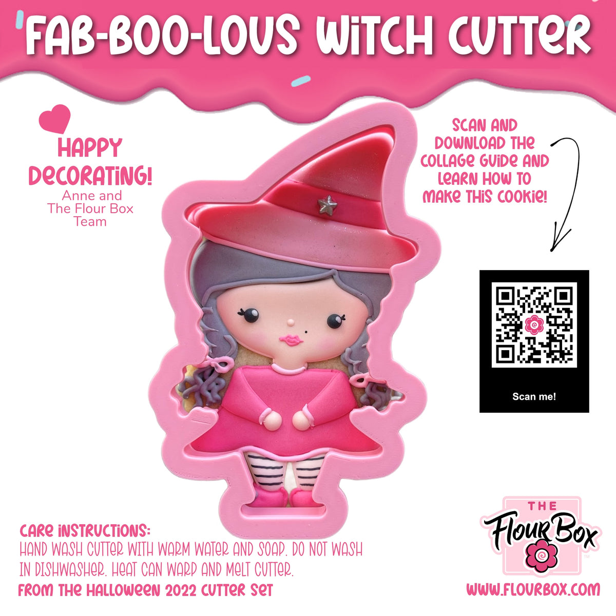 Pink witch-shaped cookie cutter with red hat and dress by the flour box for fab-boo-lous halloween baking