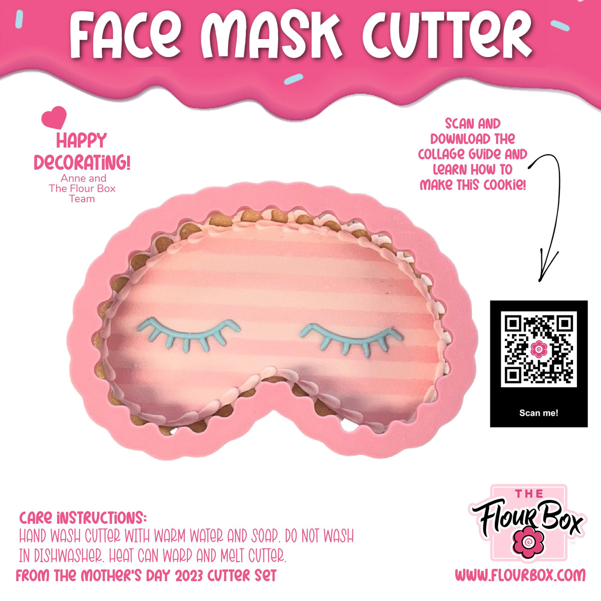 Face mask cookie cutter pink with light blue eyelashes scalloped edge designed to resemble a sleep mask