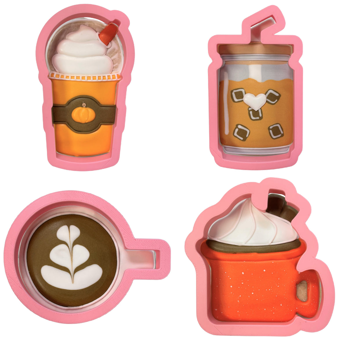 Pink silicone fall coffee date cookie cutter bundle featuring detailed coffee cup designs with whipped cream and pumpkin motif