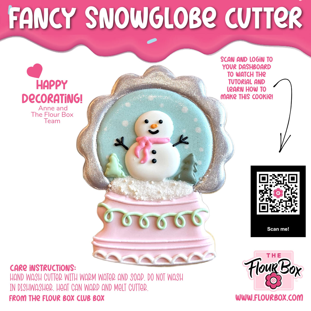 Fancy snow globe flour box club cookie cutter in pink and silver featuring a smiling snowman with tiny trees and snow