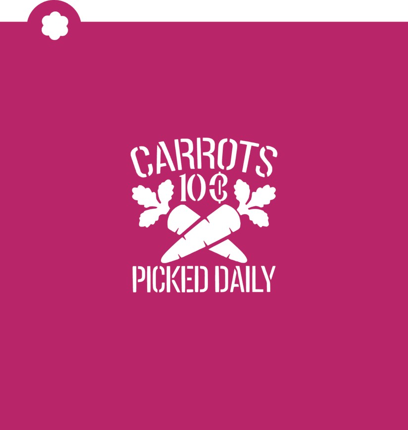 Carrots picked daily stencil with white crossed carrots design on magenta background for fresh produce labeling