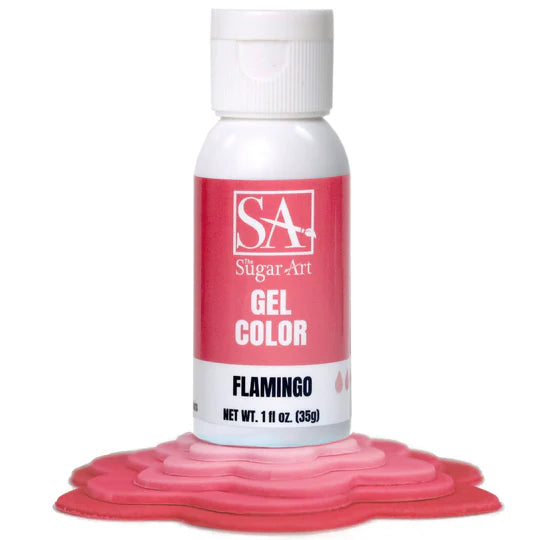 A vibrant pink flamingo sugar art gel color bottle with a white cap for sugarcraft projects