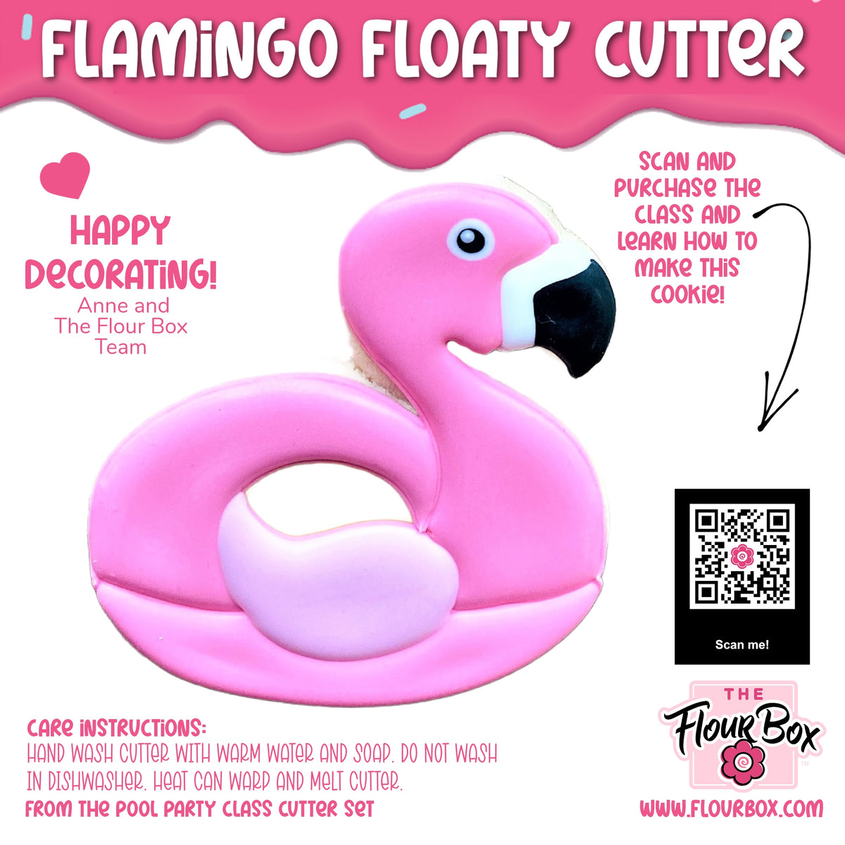 Pink flamingo floaty cookie cutter with glossy finish black beak and white eye detail for baking fun