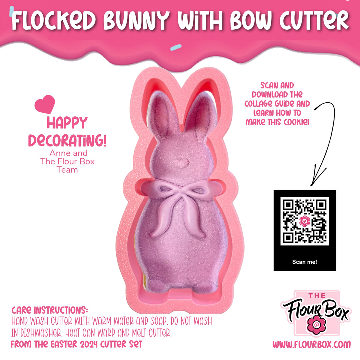 Pink frosted silicone bunny with bow cookie cutter for baking shaped like a flocked bunny with bow