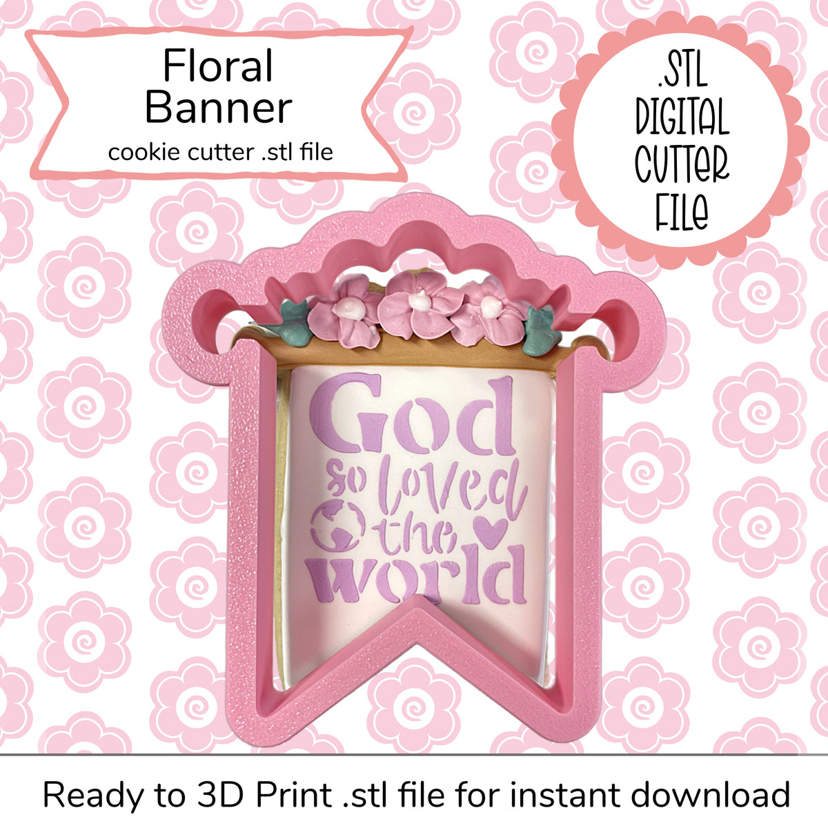Pink glittery floral banner cookie cutter with decorative pink and green flowers digital stl cutter file