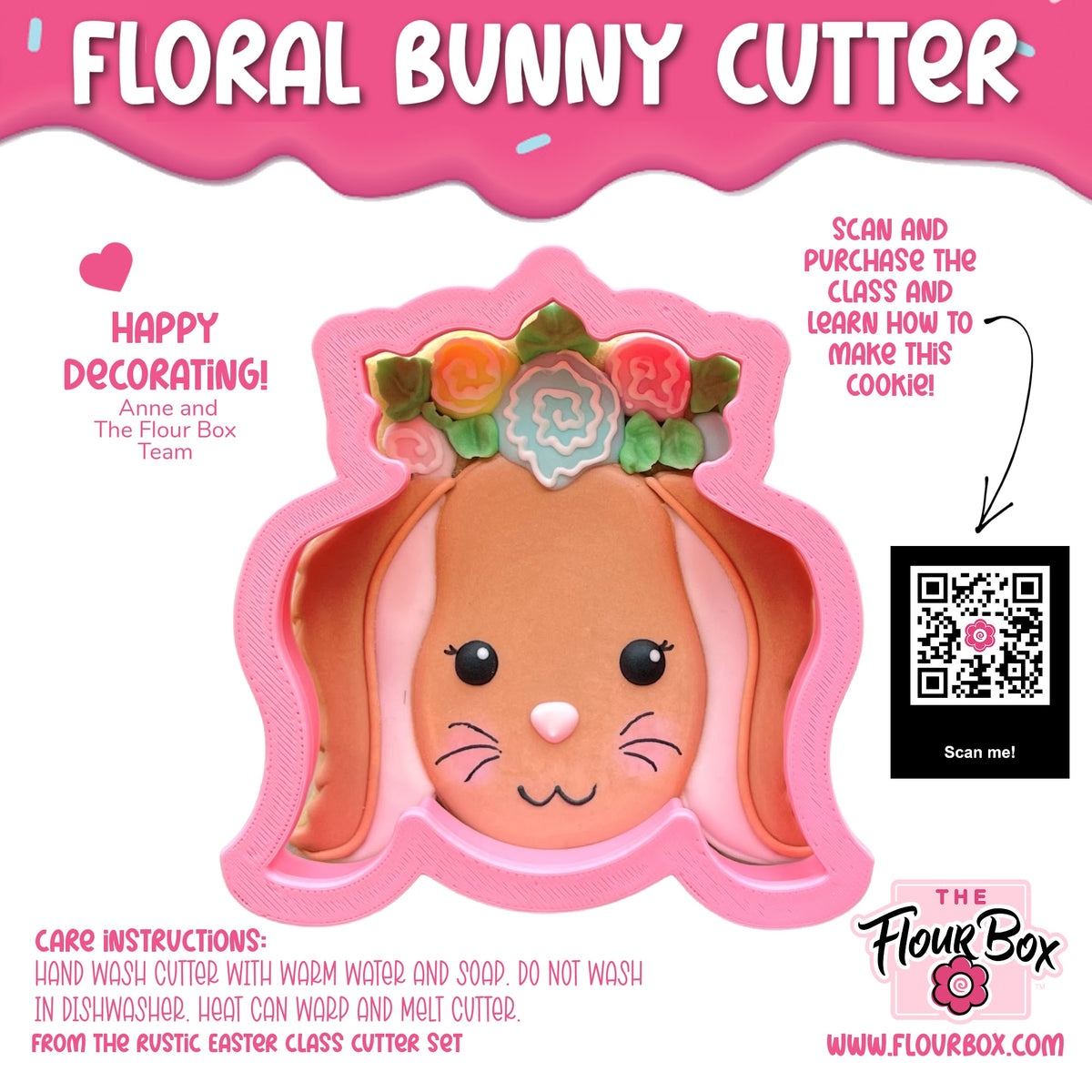 Pink floral bunny cookie cutter with a cute face and flower crown for decorative baking and crafts